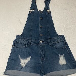 Girls L  Medium Dark Denim Jean Overall Shorts Romper Adjustable Distressed